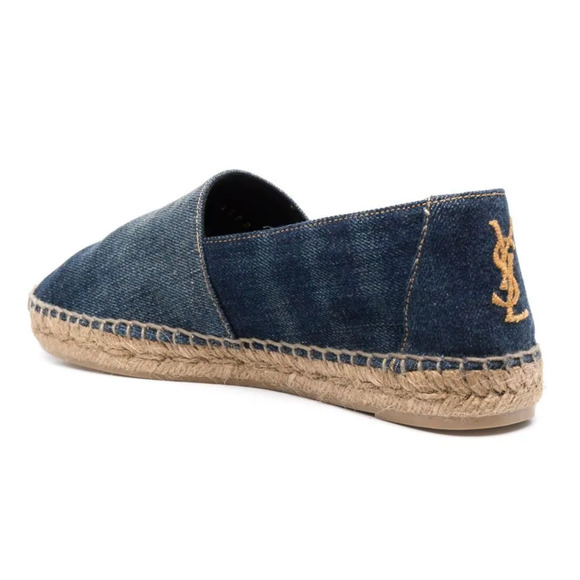 Saint Laurent Perseo Blue Jeans Denim YSL Gold Logo Slip On Espadrille Flat 40 - Picture 7 of 12